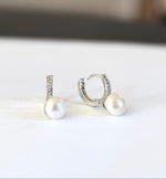 Load image into Gallery viewer, Pearl Hoops with Pave setting
