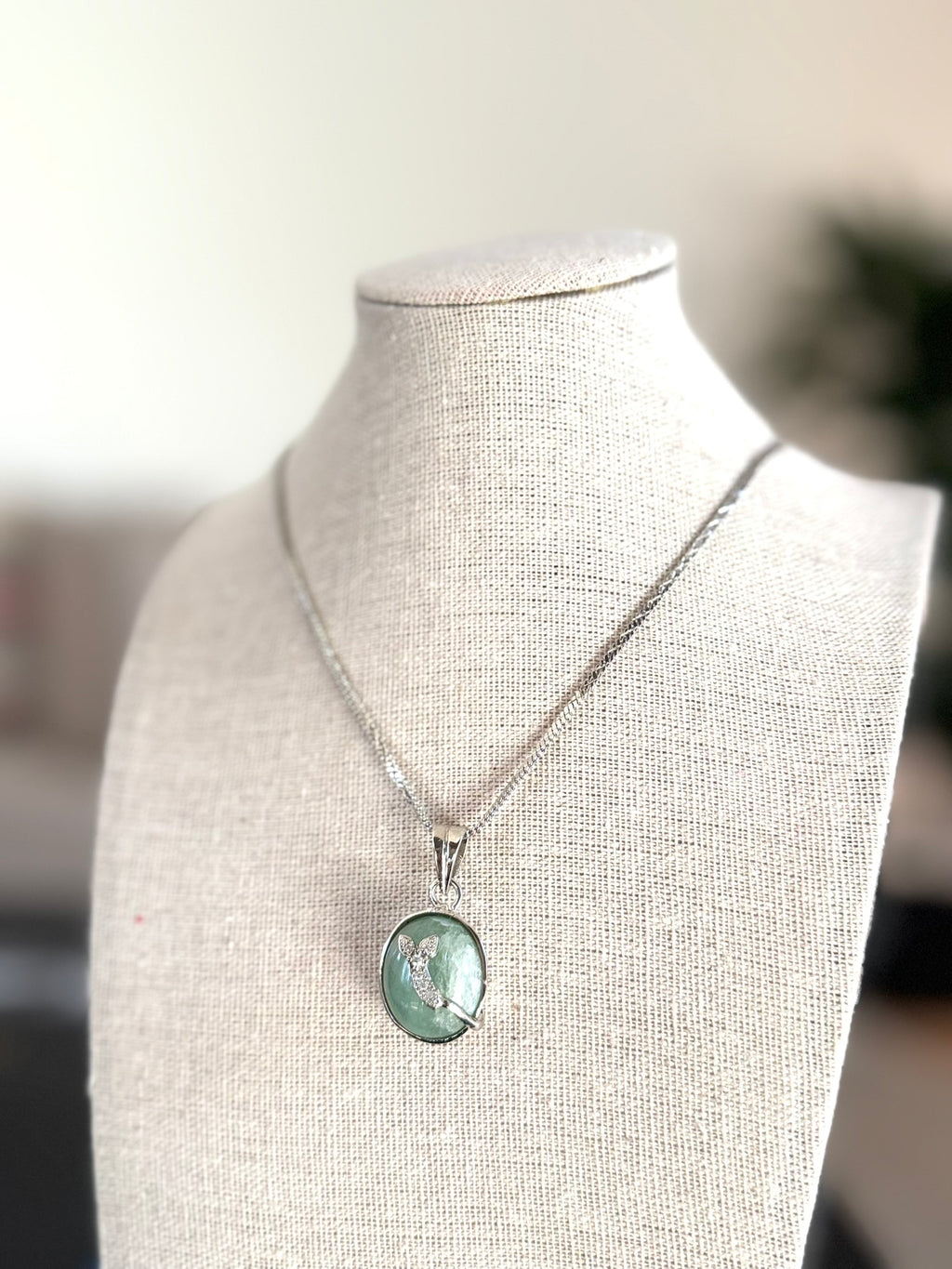 Seafoam Green stone Pendant with Silver Floral Setting