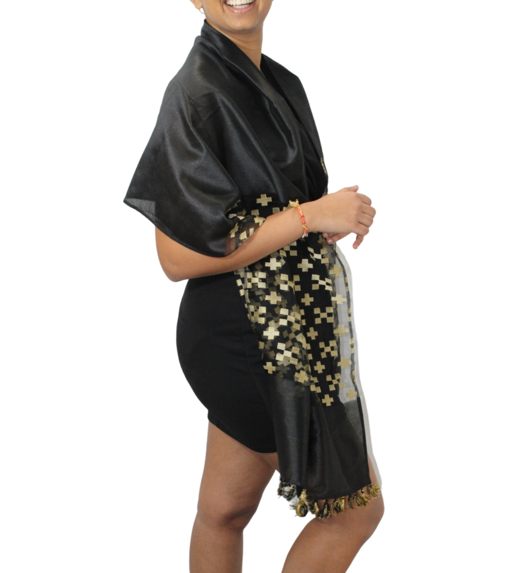 The Upcycled Luxurious Silk Scarf Patterned - Black and gold crosses