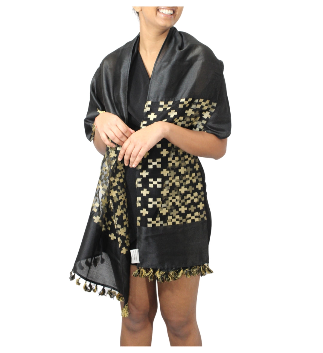 The Upcycled Luxurious Silk Scarf Patterned - Black and gold crosses