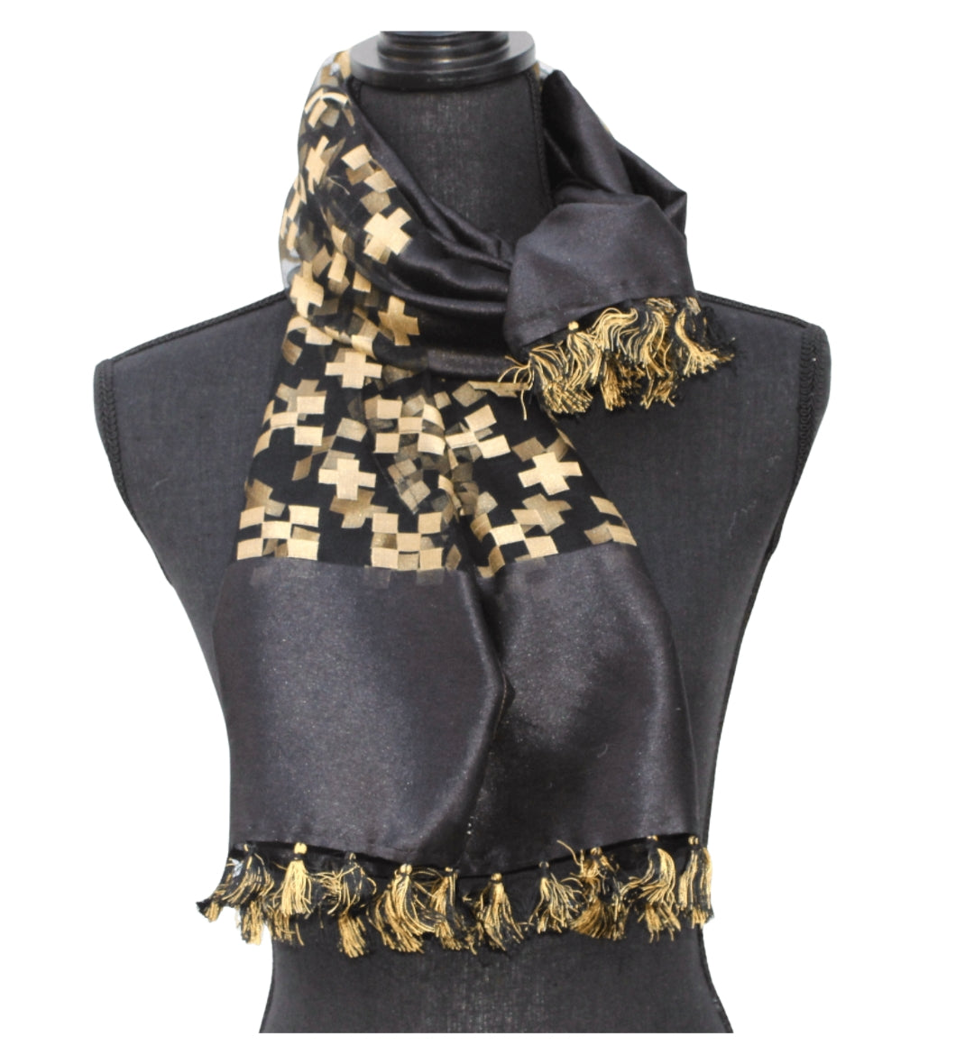 The Upcycled Luxurious Silk Scarf Patterned - Black and gold crosses