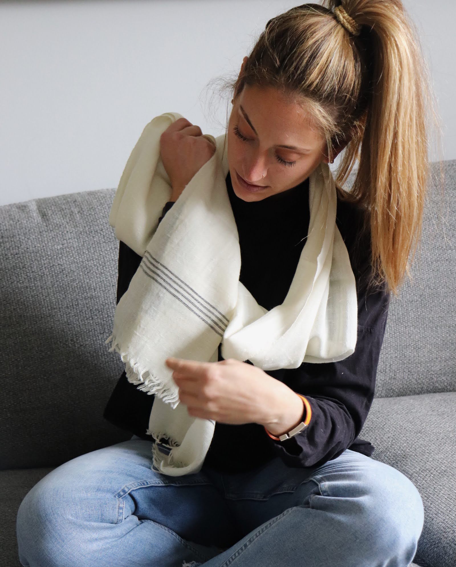 The Upcycled Chic scarf- Ivory with Border